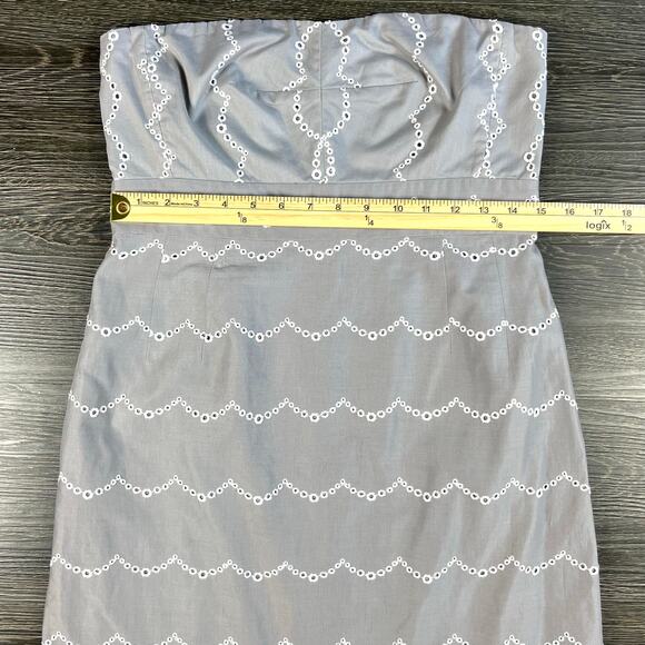 J. Crew Embroidered Gray/White Eyelet Dress Scalloped Strapless 100% Cotton - Picture 8 of 12